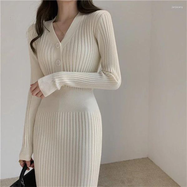 Casual Kleider Frau Gestrickte Herbst Winter Kleidung V-ausschnitt Frauen Pullover Kleid Koreanische Mode Streetwear Langarm Top Frau