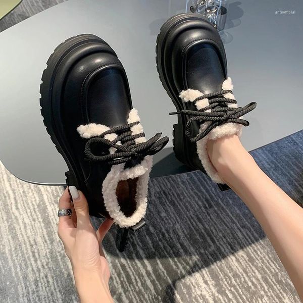 Модельные туфли, зима 2023, хлопковые модные лоферы, простые универсальные женские однотонные туфли на толстой подошве со шнуровкой