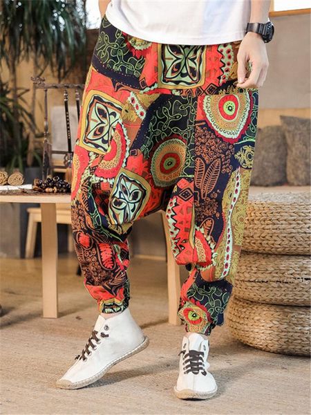 Hose Sommer Sarouel Drop Crotch Haremshose Plus Größe 3XL Hose Nepalesisch Ethno Print Bloomers Mehrfarbig Leinen Yoga Wear