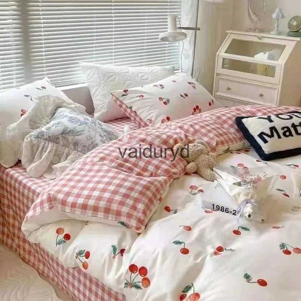 Bettwäsche-Sets im koreanischen Stil, cremefarben, Kirsche, niedlich, für Twin-Queen-Size-Betten, Bettbezug, flaches Bettlaken, Polyester, für Jungen und Mädchen, Leinenvaiduryd