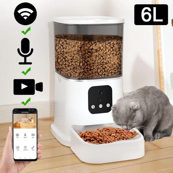 Distributore di cibo da 6 litri per cani e gatti Fotocamera con timer Alimentatore automatico per animali Ciotola in acciaio inossidabile intelligente Forniture per alimentazione automatica per cani e gatti