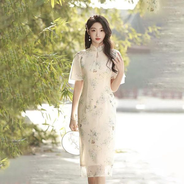 Abbigliamento etnico Stile orientale migliorato Qipao Stampa floreale Nodo Bottone Fibbia Beige Retro Cheongsam Abito quotidiano sottile Cinese tradizionale