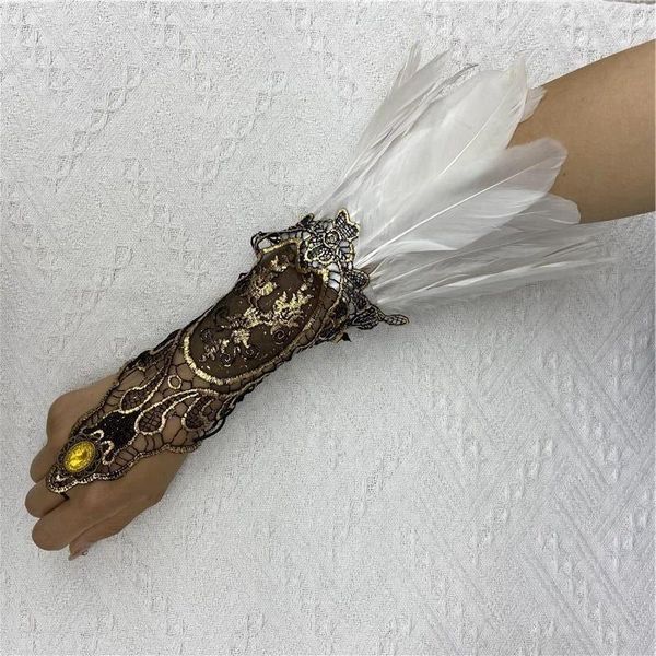 Party Supplies Gothic Spitze Feder Lange Handschuhe Halloween Mesh Sleeve Prom Haken Stickerei Weiß Fäustlinge Weibliche Bühne Kostüm Zubehör