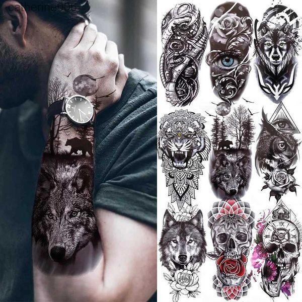 Tatuagens Coloridas Desenho Adesivos 1 PC Floresta Negra Tatuagem Adesivo Para Homens Mulheres Tigre Lobo Morte Crânio Temporário Falso Henna Esqueleto Rei Animal TatooL231128