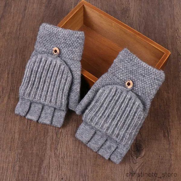 Kinder Fäustlinge Männer Outdoor Radfahren Halbfinger Flip Wolle Gestrickte Warme Handschuhe Winter Studenten Schreiben Fingerlose Touchscreen Fahren Fäustling R231128