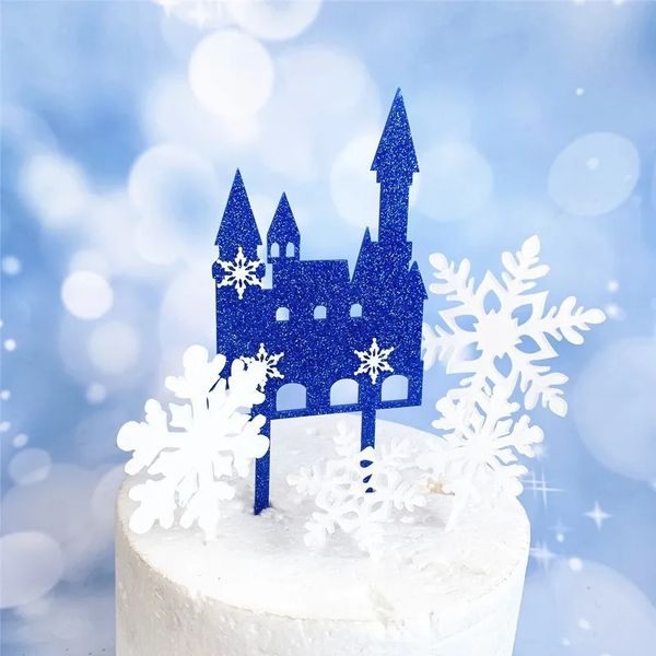 Natale Inverno Snowfake Castle Topper per torta in acrilico Snow Queen Princess Tema Happy Birthay Decorazione torta Forniture per feste