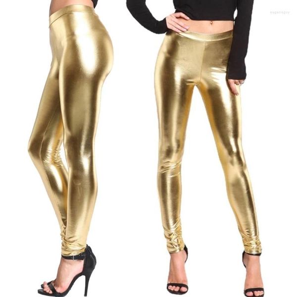 Calças femininas Mulheres Punk PU Couro Leggings Glitter Wetlook Metálico Sexy Skinny Long Motorcycle Ankle Comprimento Calças