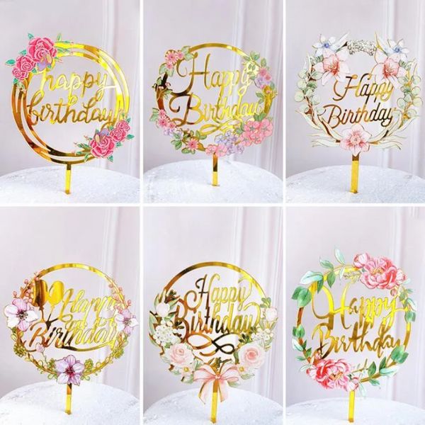 Cake Topper Light Flower Happy Birthday Cake Inserted Card Acryl Elegant Font Birthday Party Backing Decoration Supplies CPA5644 ss0428