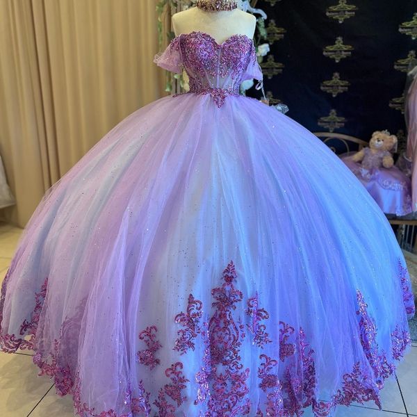 Lavendel glänzendes Ballkleid Quinceanera Kleid Korsett Spitze Applikationen Perlen Pailletten Sweet 16 Kleid Vestidos De XV 15 Jahre