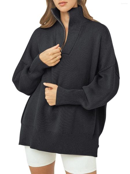 Suéteres femininos coreano malha gola alta camisola mulheres outono inverno zíper até cor sólida tricô pullovers pull femme polo