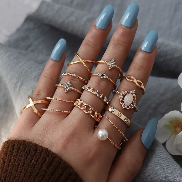 Кольца кольца модные геометрические кольца с кустарниками, установленные для женщин хрустальный золотой кольцо пальца 2022 Boho Ladies Wedding Jewelry Gift Z0428