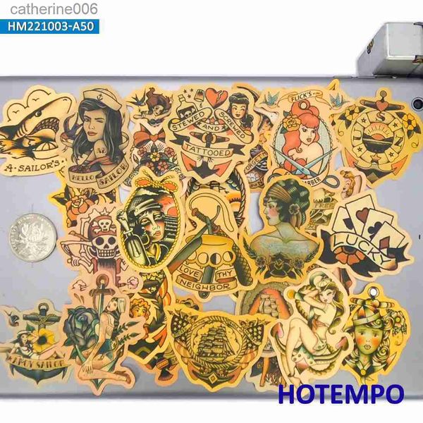 Dövmeler renkli çizim çıkartmaları 50Pieces Sararma Retro Çıkartmalar Eski Okul Dövme Kız Denizci Bisiklet Araba Motosiklet Gitar Telefon Dizüstü Bilgisayar Stickerl için Komik Çıkartmalar