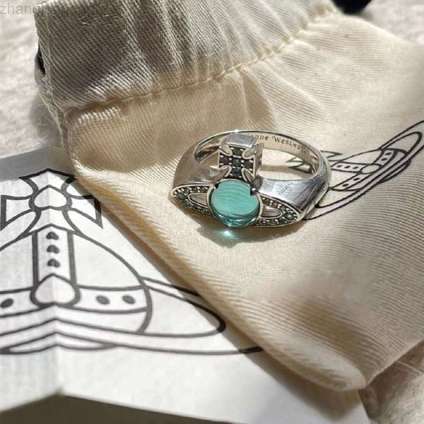 Designer Viviene Westwoods New Viviennewestwood 23 New Western Empress Dowager Aqua Blue Saturn Transit Bead Anel de alta qualidade Terra Planeta Glass Bead Ring 7 Eve Gift