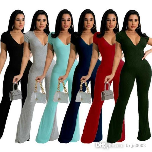 Frauen Clubwear Jumpsuits Designer 2023 Slim Sexy Fashion Damen Strampler Einfarbig V-Ausschnitt Ausgestellte Hosen Kurzarm Bodysuit