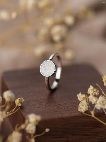 Cluster Anéis Minimalista Pure 925 Silver Women's Opal Ring com luxo leve e design simples