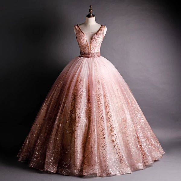 Abito elegante per la mamma abito da ballo Abiti per la madre della sposa con perline 3D applicazioni floreali in pizzo oro lucido Lunghezza del pavimento Abiti per gli ospiti di nozze abito quinceanera oro rosa