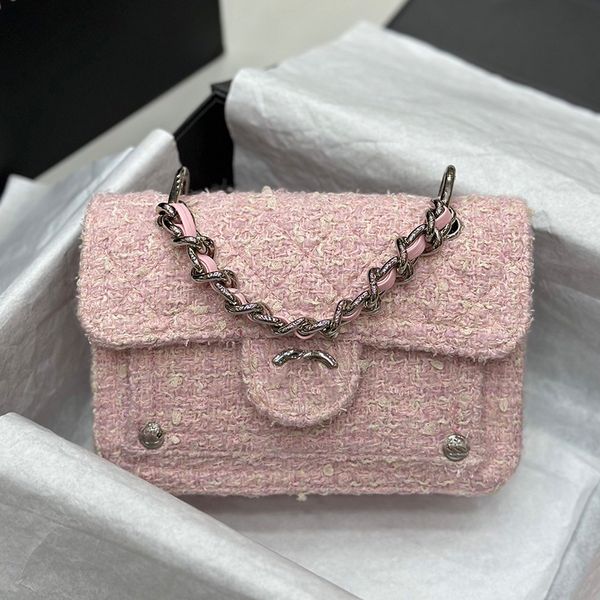 Trend Mini Damen Umhängetasche mit Klappe, klassisch, tragbar, rosa Tweed, Designer-Geldbörse, Retro-Luxus-Handtasche, Kartenhalter, Pochette, Abend-Clutch, Koffer, Münzgeldbörse, 18 cm