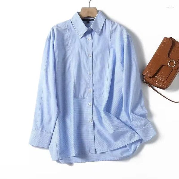 Женские блузки 2023, модная повседневная рубашка в полоску с дизайном груди в стиле ретро, блузка с длинными рукавами и лацканами, блузки, шикарный топ