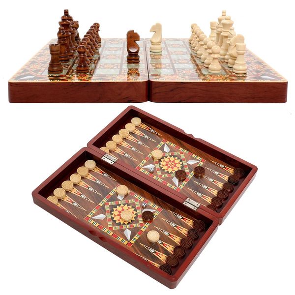 Schachspiele 15 Zoll Holzschachspiele Dame Backgammon 3 IN 1 Brettspieltisch Tragbare Reise Kinder Lernspielzeug Faltbares Schachbrett 231127