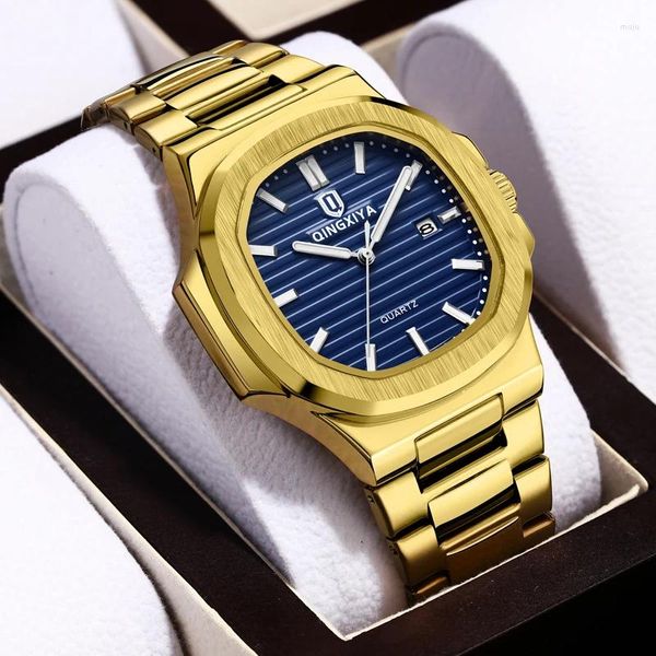 Relógios de pulso Qingxiya moda quadrado dial quartzo relógio de aço inoxidável pulseira de ouro à prova d'água calendário luminoso relógios masculinos top