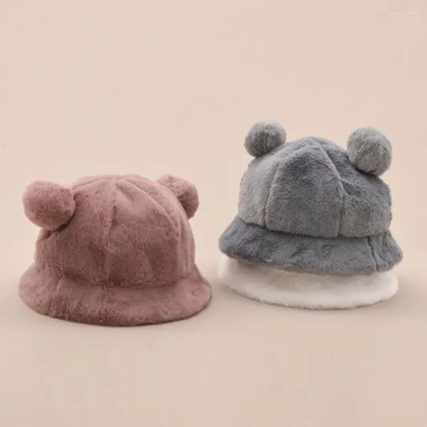 Boinas Moda Piel Cubo Sombrero Otoño Invierno Oso Oreja Bola Peluche Pescador Cálido Grueso Cuenca Protección Sombreros Mujeres Gorras