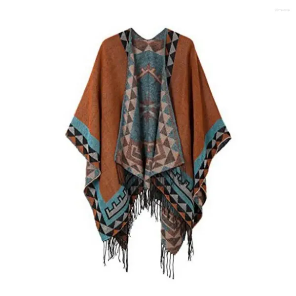 Schals Weicher strukturierter Schal Vintage-Druck Quaste Unregelmäßiger Saum Damen Cape Poncho Geometrische Kontrastfarbe Nachahmung Kaschmir Herbst