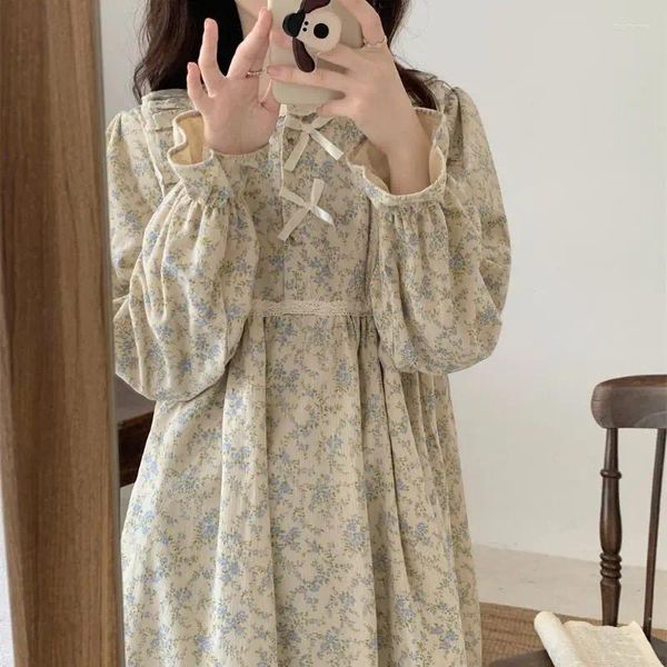 Mulheres sleepwear floral impressão camisola mulheres estilo coreano babados noite vestido de uma peça pijama outono manga longa arco casa wear