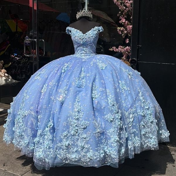 Himmelblaue Applikationen mit 3D-Blumen, schulterfrei, Quinceanera-Kleider, Ballkleid, Korsett, Prinzessinnenkleid, Größe 15