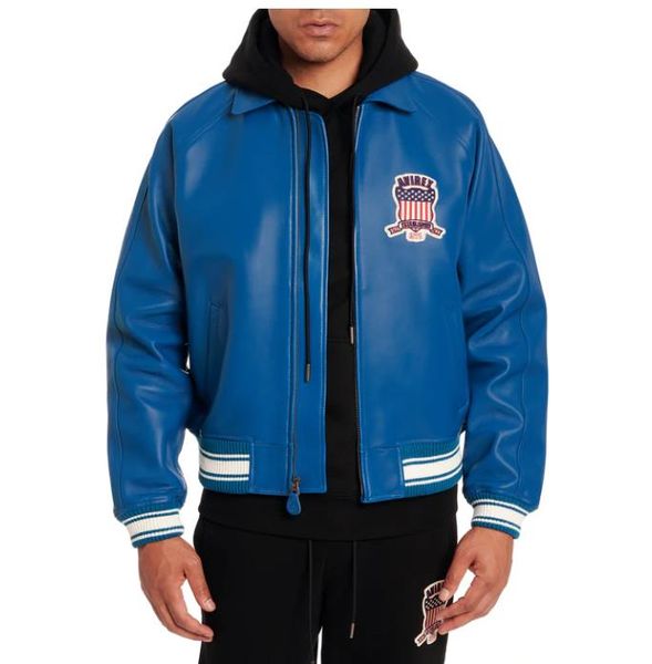 Jaqueta bomber masculina tamanho azul real, tamanho americano, avirex, lapela, pele de carneiro, couro, casual, atlético, traje de voo