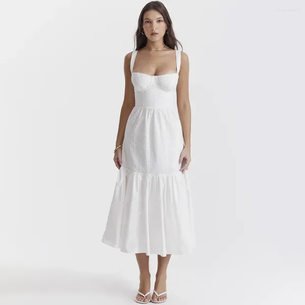 Lässige Kleider Mingmingxi Hohe Qualität Damen Sommerkleid 2023 Leinen-Baumwollmischung Jacquard Elegant Sexy Slip Weiß Urlaub Midi