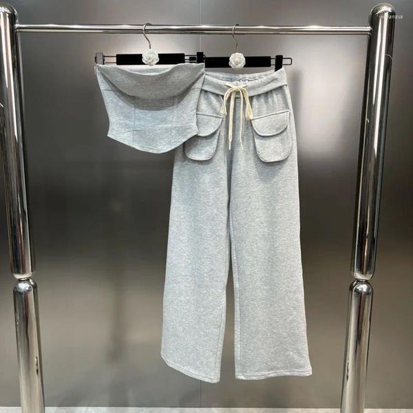 Coleção de calças de duas peças femininas sem alças sem alças slim regata com cordão cintura elástica conjunto de treino 822
