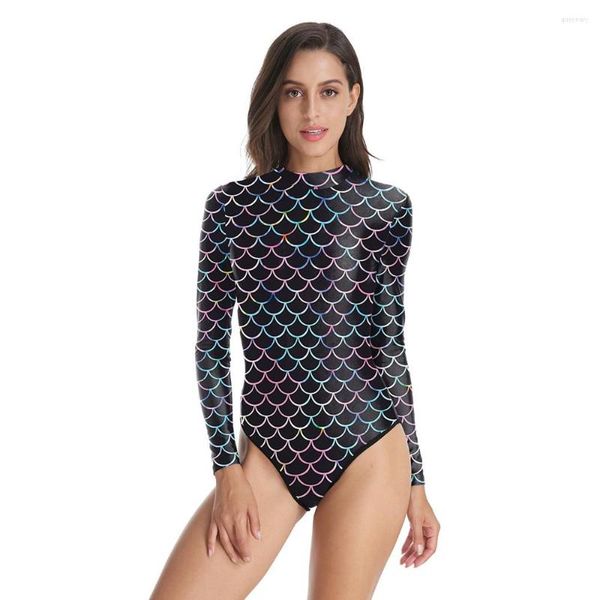 Costumi da bagno da donna Costume da bagno intero da donna Stampa 3D Monokini a maniche lunghe Costume da bagno per ragazze Costume da bagno da spiaggia Tuta da surf Donna