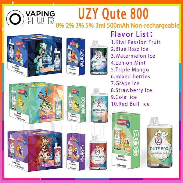 UZY Qute 800 Puff Vape descartável Pen Mesh Coil Não recarregável 500mAh Bateria Vapers 0% 2% 3% 5% 3ml Pod pré-preenchido 10 sabores Puff Plus 800 E Cigarette