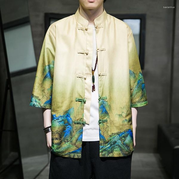 Camicie casual da uomo Abito tradizionale cinese sottile in seta di ghiaccio Tang Taglie forti Abito da Tai Chi allentato in stile etnico estivo a maniche corte