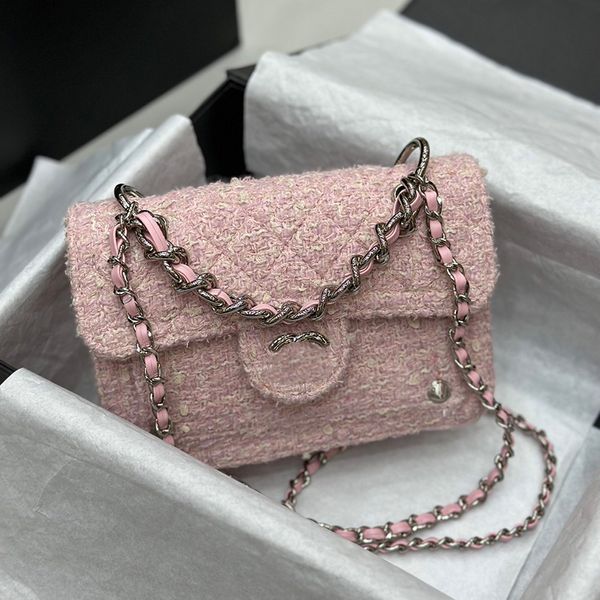 Trend Women Flep Tweed Crossbody Bag Lüks Klasik Taşınabilir Akşam Debriyaj Pembe Vintage Para Çantası Bavul Gümüş Donanım Kart Tutucu Sacoche 18cm