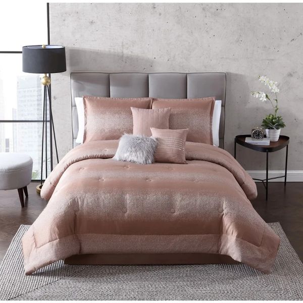 Conjuntos de cama 7 peças listra metálica jacquard consolador conjunto rosa e ouro rainha completa conjunto de cama lençóis fronhas 231128