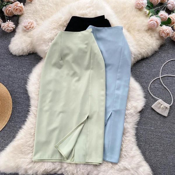 Юбки 2023, весна/лето, корейский стиль, шикарная утягивающая юбка с высокой талией и разрезом, женская трапециевидная юбка-футляр средней длины