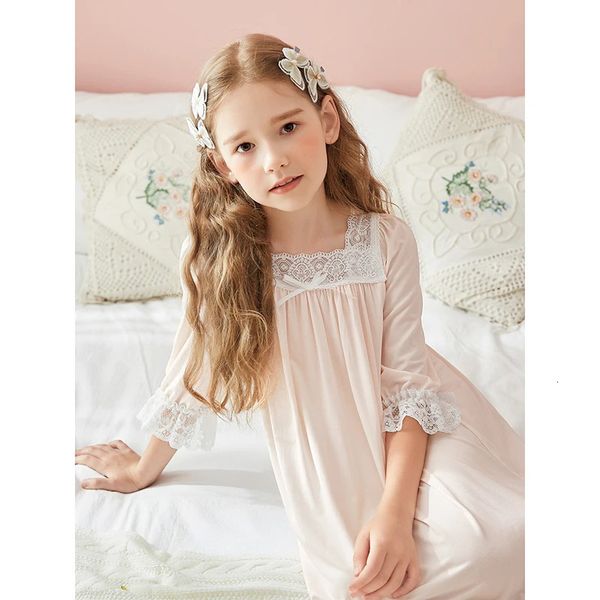 Pijamas crianças meninas rosa princesa vestido sleepwear pescoço quadrado sleepshirts vintage crianças rendas camisola de verão menina algodão nightdress 231128