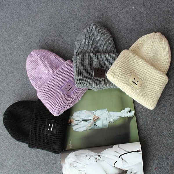 Coreano quadrado sorridente rosto adesivo bonito chapéu de lã engrossado outono inverno casal chapéu de malha chapéu quente masculino e feminino 231120