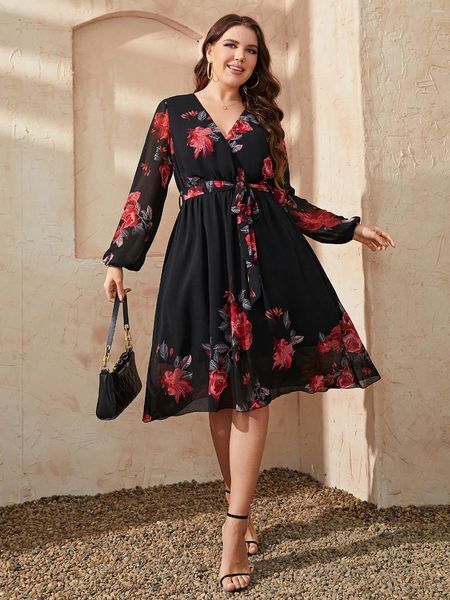 Lässige Kleider Modedruck Fat MM Kleid mit Gürtel Plus Size Damen 2023 4XL V-Ausschnitt Keen-Länge Langarm Chiffon