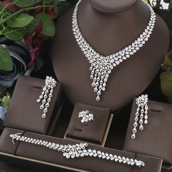 Conjuntos de jóias de casamento Janekelly Elegante Moda Branco AAA CZ Zircon Brinco Colar Pulseira Anel 4 Pçs Conjunto para Mulheres Luxo Nupcial Festa de Casamento Jóia 231128