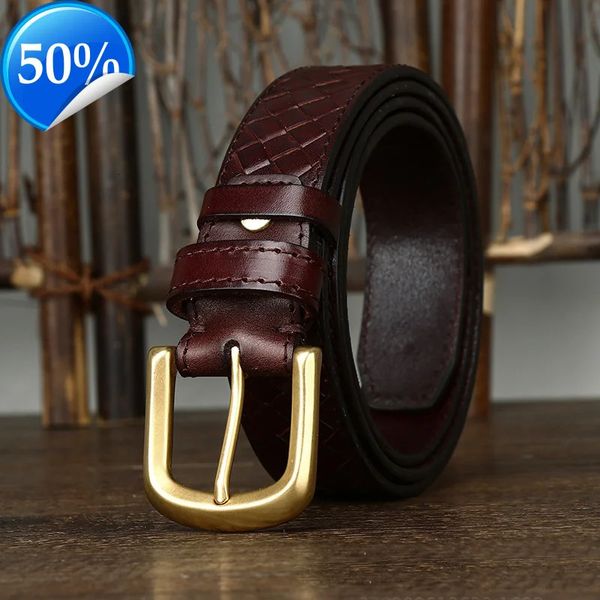 Cintos 3.8cm Largura Cinto de Tecelagem Fivela de Cobre Designer Cowskin Couro Genuíno S para Homens Tecido Masculino Strap Trançado para Jeans 231128