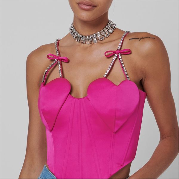 Камис SAT Женская сексуальная уличная одежда страшная атмосфера с украшенными украшенными ремнями лука сердечный бюсттомт розовый корсет топ