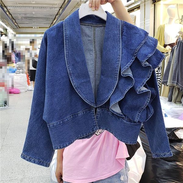 Damenjacken 2023 Korean Fashion V-Ausschnitt Rüschen Langarm Kurz Jeansjacke Damen Neuheit Design High Waist Punk Street Coat