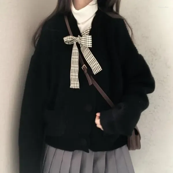 Женские вязаные корейские шикарные свитера с бантом Топы Повседневные милые женские кардиганы Черный стиль в консервативном стиле Y2k Oversize Sueter Mujer с длинным рукавом и V-образным вырезом