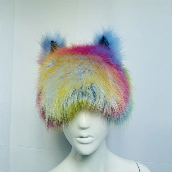 Kappen Hüte Imitation Pelz Hut Regenbogen Katze Ohr Kopfbedeckung Festival lustige Kleid Hut Party Leistung Farbe Fuchs Haar warme Mütze 231127