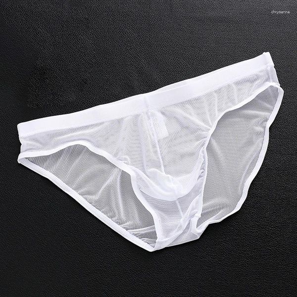 Cuecas masculinas sexy tule rede roupa interior transparente traceless calcinha elástica macia lingerie sólida u bolsa convexa