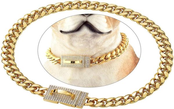 Coleira de corrente para cachorro cuba, colar com fivela de diamante completo, aço inoxidável, dourado, para animais de estimação, 10mm, 14mm, cristal dourado, colares8219430