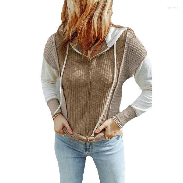 Suéteres femininos casual textura retalhos camisola de malha para mulheres no outono fino encaixe com capuz de manga comprida