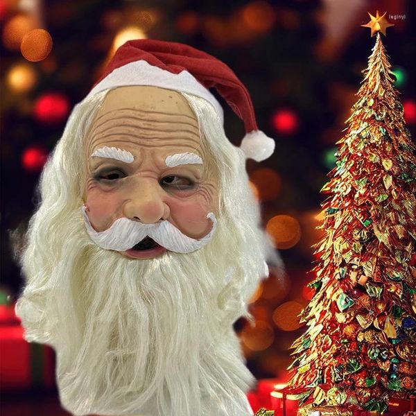 Атрибуты для вечеринок Забавный Санта-Клаус Полная маска Латексный реалистичный парик для лица Костюм с бородой Рождественский праздник Хэллоуин Декор Маски